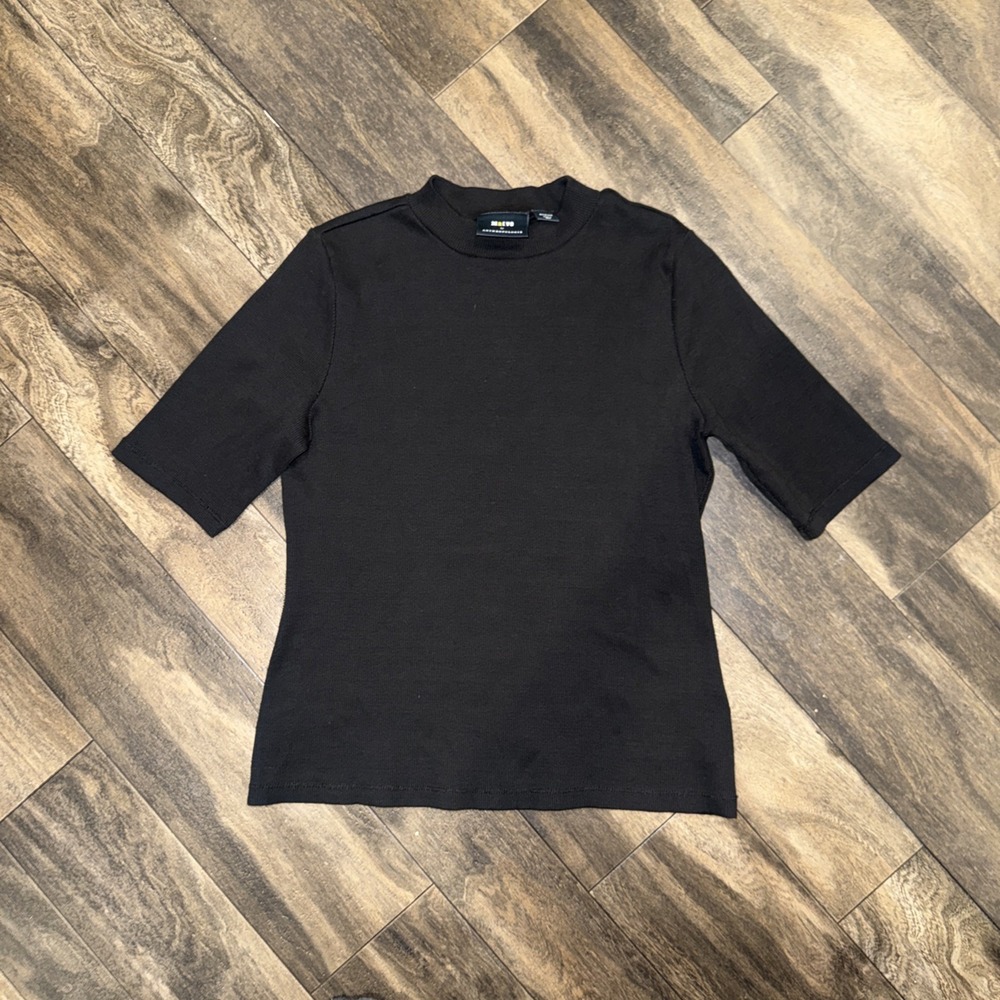 Maeve by Anthropolohie Women's Medium Ribbed Mock-Neck Short-Sleeve Top Black